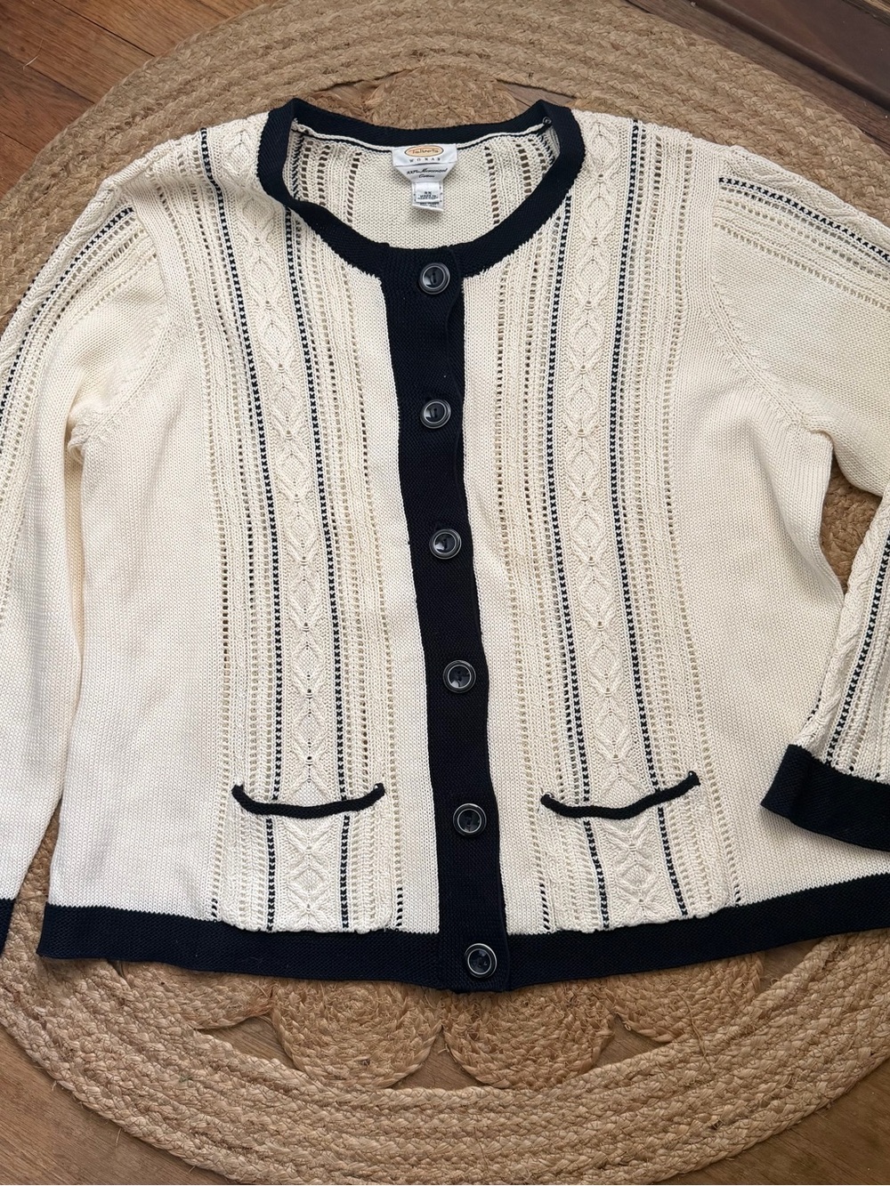 Talbots Cream and Navy Button Front Knit Cardigan